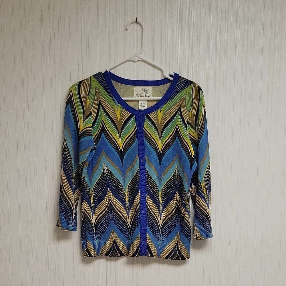 Tabitha Blue and Green Seared Chevron Cardigan, Womens Sz Small Anthropologie